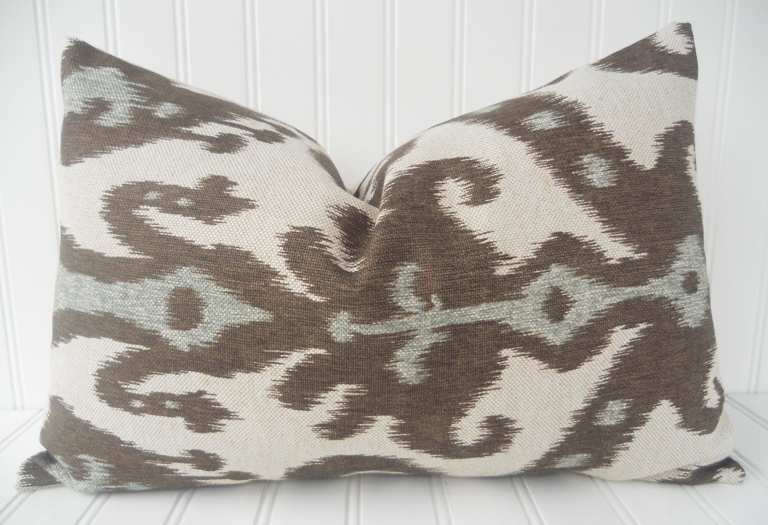 Brown and Blue IKAT Pillow - 12 x 18 inch Brown Ikat Throw Pillow - Decorative Pillow Cover, Accent Pillow