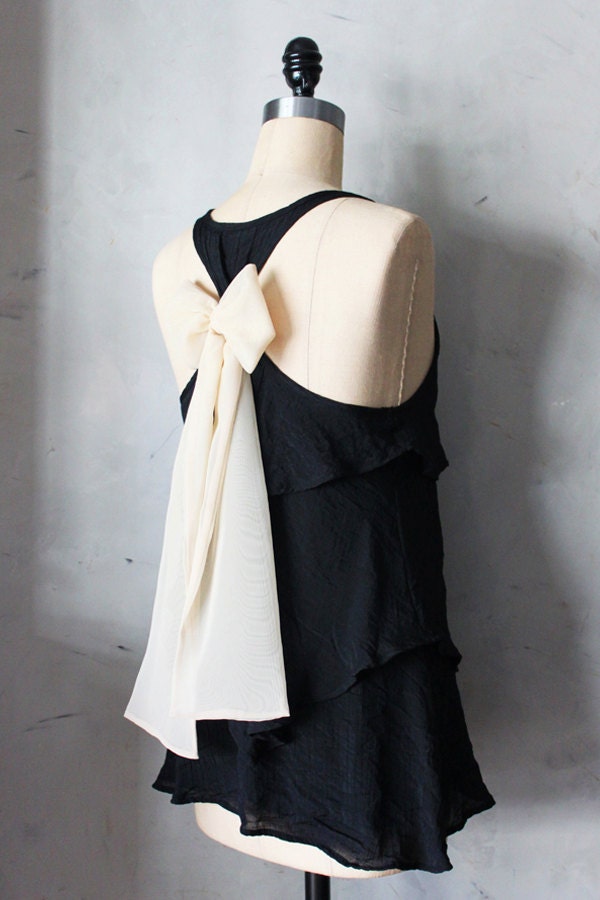 BLUSH AURA - Romantic black flowy tier blouse // nude blush creme // chiffon sash bow // tunic // tank top // racerback