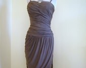 STUNNING COUTURE 1950s Mid Century Sculptured Ornately Draped Gathered Taupe Silk Jersey Dress - 50s Hollywood Cocktail Bombshell
