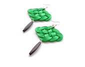 Knotted Rattail Chandelier Earrings, Green and Brown, Satin Cords, Long Beads Chinese Knot, Macrame, Gift, Victorian style