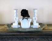 Vintage 9.5" Westmoreland White Milk Glass Koi Fish Candle Holders Pair & Flower Vase
