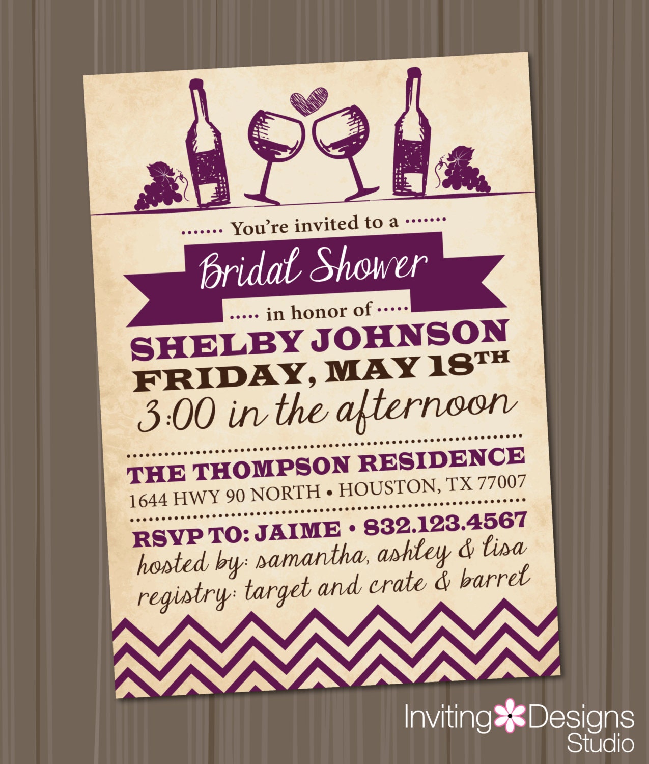 Bridal Shower Invitation, Wine Party (PRINTABLE FILE), Vintage, Rustic, Customize Your Colors
