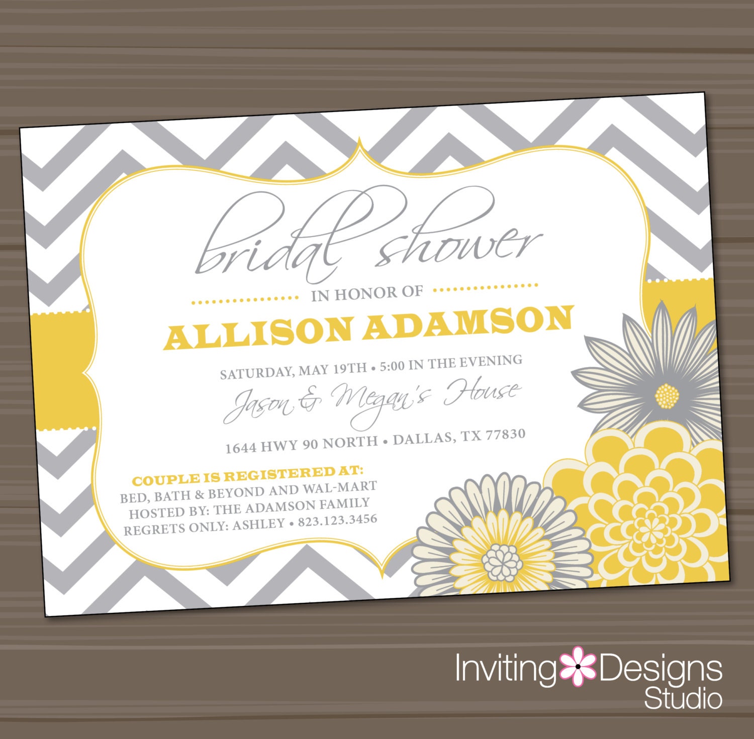 Printable Wedding Shower Invitation, Bridal Shower Invitation, Yellow, Gray