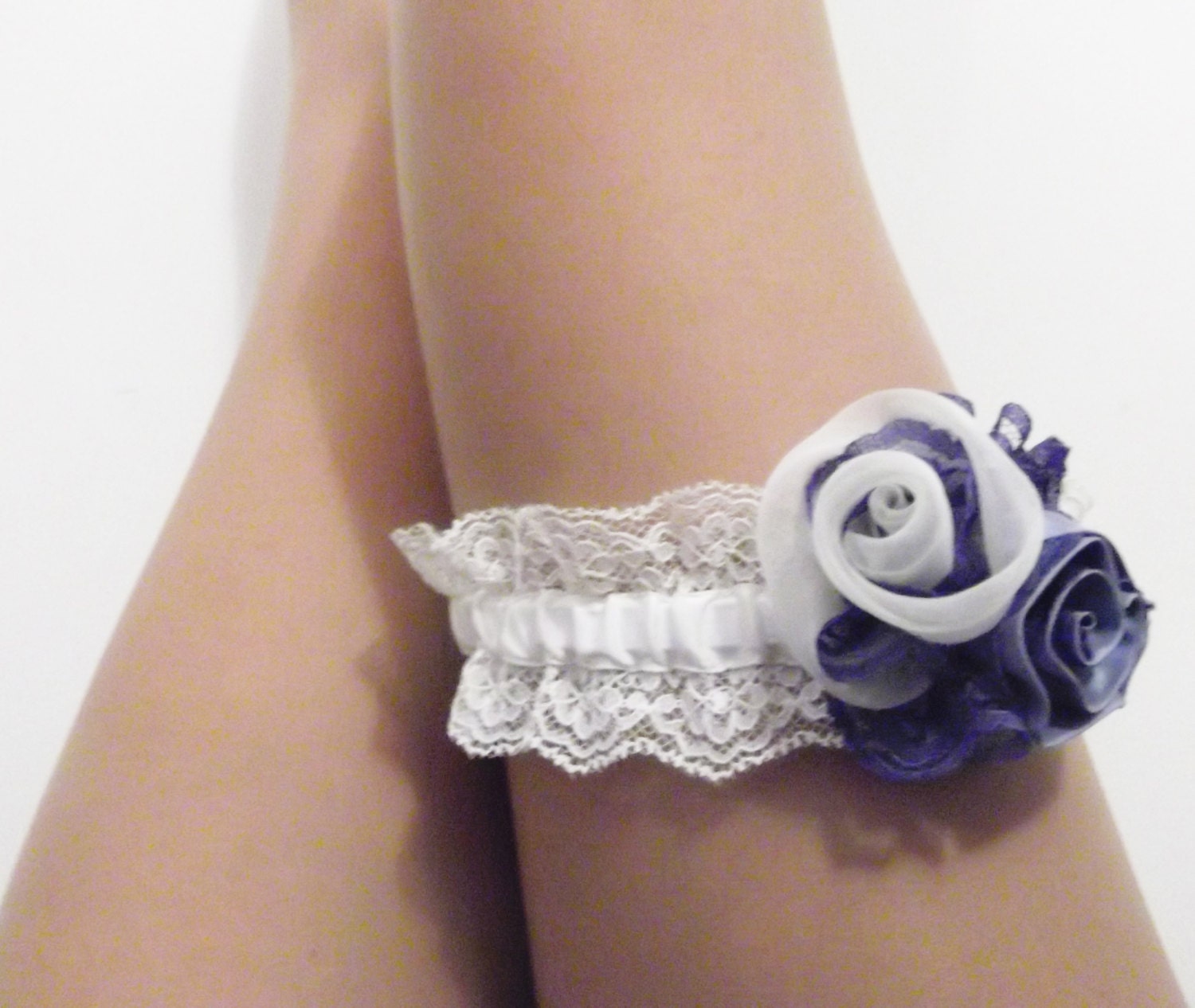 Something Blue- Ivory & Blue Wedding Garter- Silk and Lace with Roses