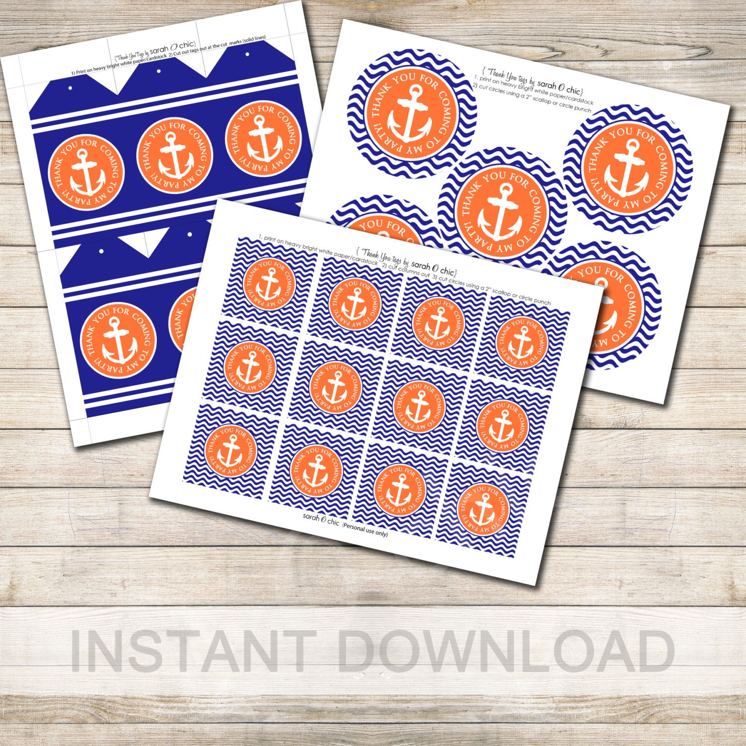 INSTANT DOWNLOAD  Printable Nautical Party Favor  tags by sarah O chic -- navy blue, orange, anchor, nautical