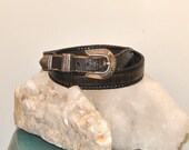 Distressed Black Leather Belt  //  Tooled Vintage Silver Southwestern Buckle  //  Boho Woven Tooled Black Leather Women's Ladies