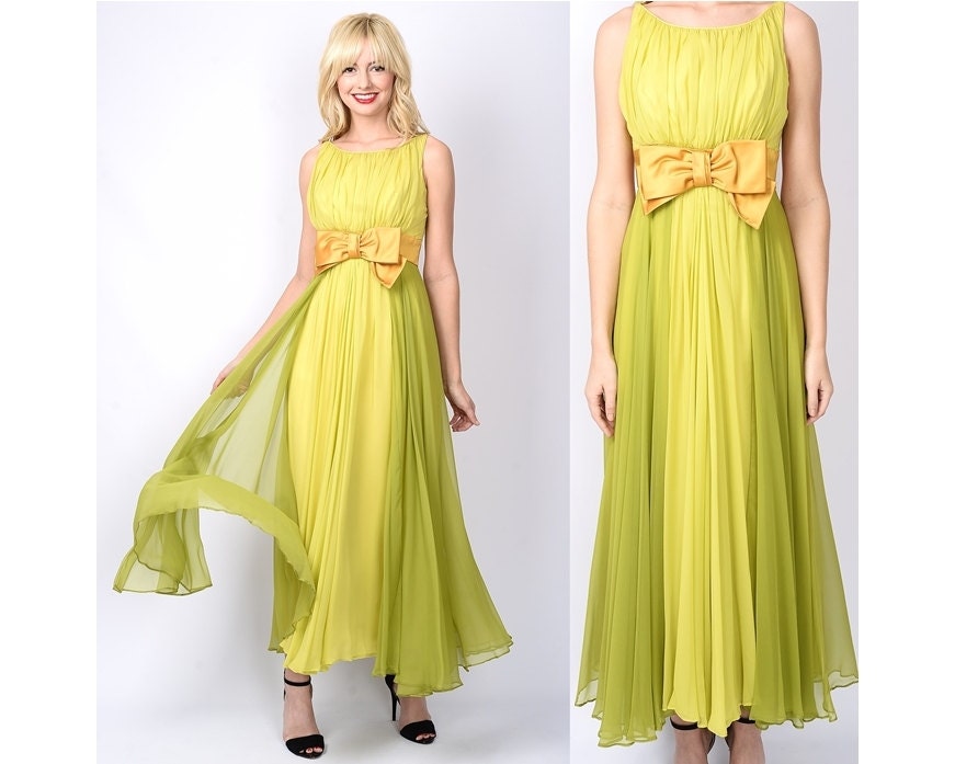 Vintage 60s 70s Ombre Silk Chiffon Goddess Maxi Dress Cocktail Sheer Bow Gown S Small
