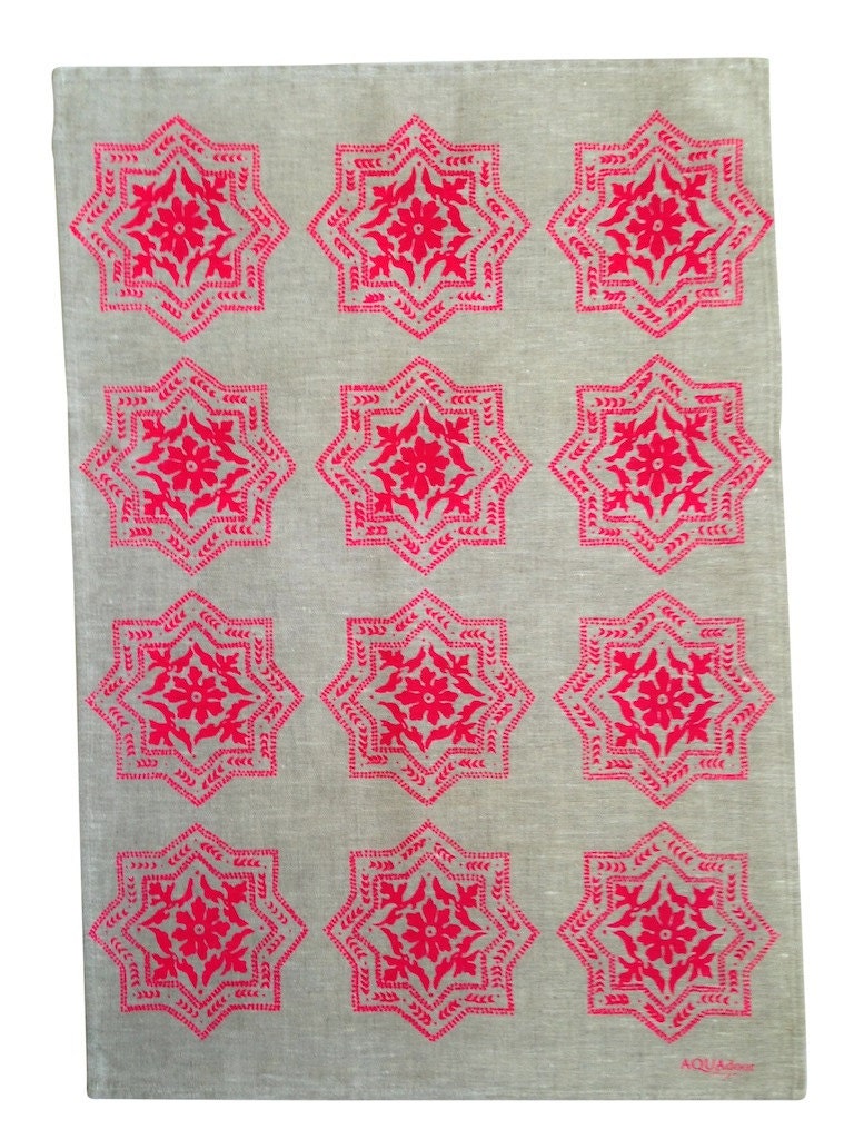 Tea towel Algarve design in fluro pink ink on natural linen