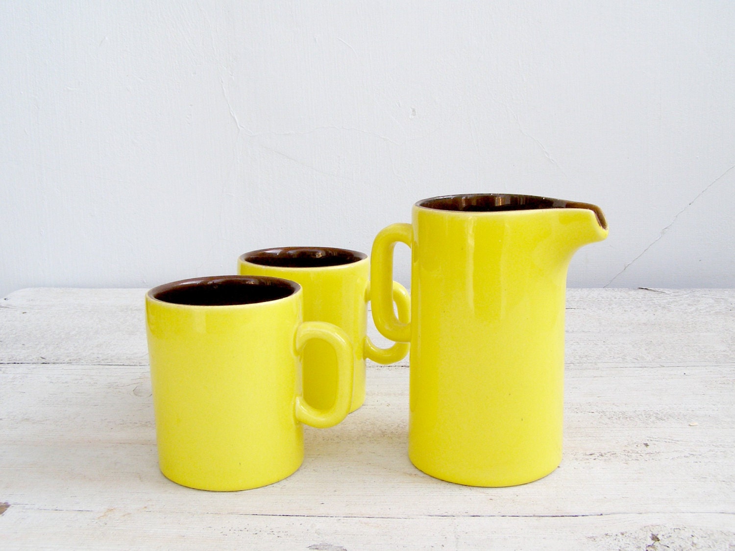 Retro Coffee Set, Vintage Cups and Pitcher, lemon yellow and brown, 70s coffee Set, Collectible, Kitchen dispaly