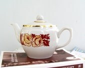 Russian Floral Teapot, Double Serving Teapot, Gold Rim, White Tea Kettle, Retro Tableware, Gift for woman, for hostess, cottage chic