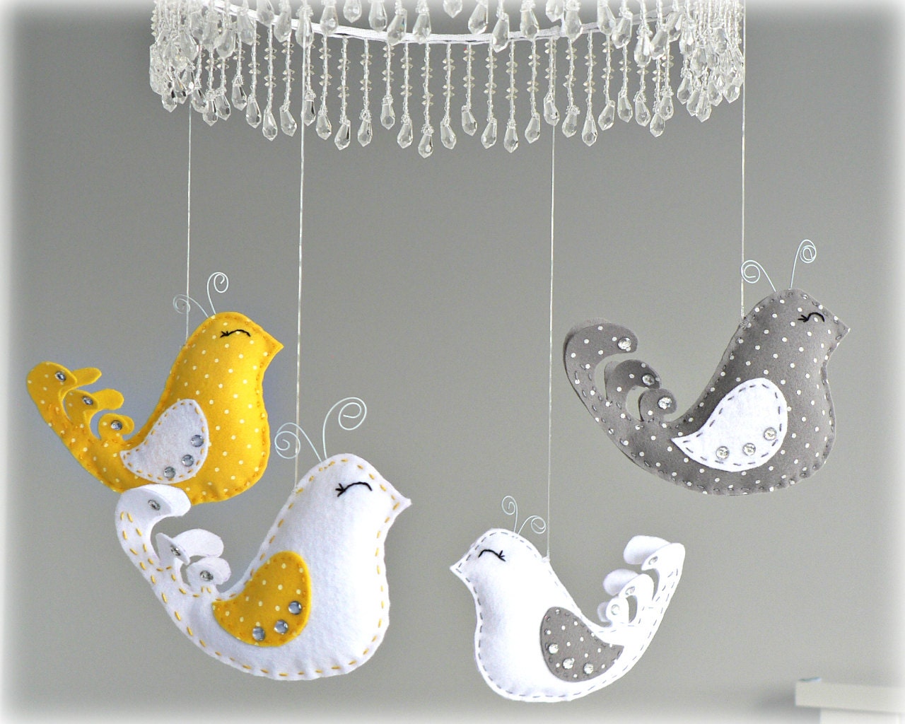 Bird mobile - baby mobile - You pick your colors - yellow, gray and white - polka dot felt - nursery decor - LullabyMobiles