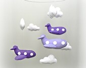Airplane mobile - baby mobile - nursery decor - purple felt airplanes, white clouds - READY NOW