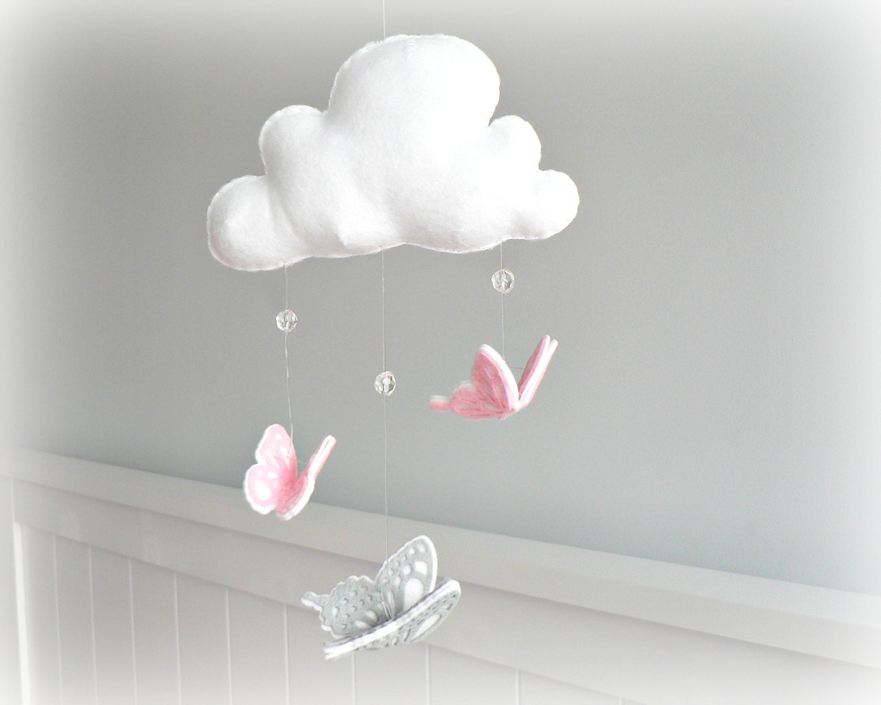 Butterfly mobile - cloud mobile - You select your colors - white, pink and gray - baby mobile - nursery decor