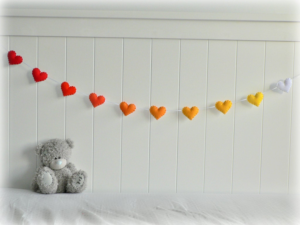 Summer Sunset heart garland - heart banner - Felt hearts in red, orange, yellow and white - nursery decor - ombré