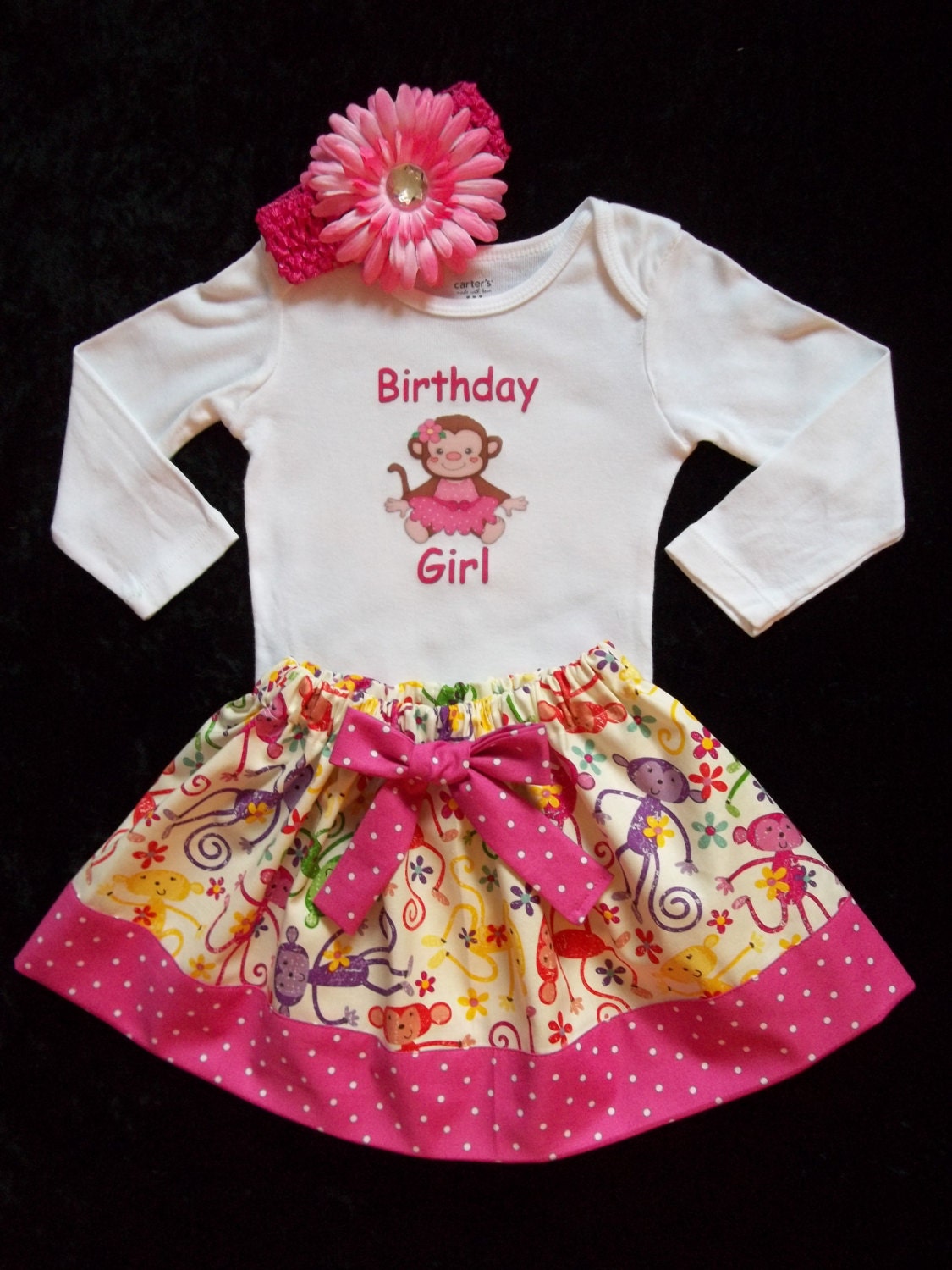 first Birthday outfit baby girl pink 1st onesie personalized dress skirt Monkey tutu size 3 6 9 12 18 24 months free flower headband