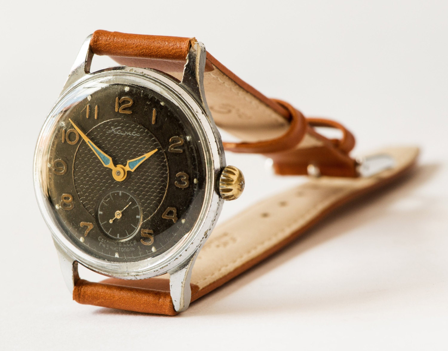 Antique men's watch KAMA retro wrist watch rare black ornamented face Soviet watch