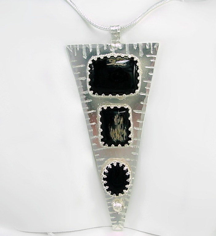 Statement Necklace, Petrified Stone & Sterling Silver Geometric Pendant Necklace, Primitive, 3 Cabochon, Black