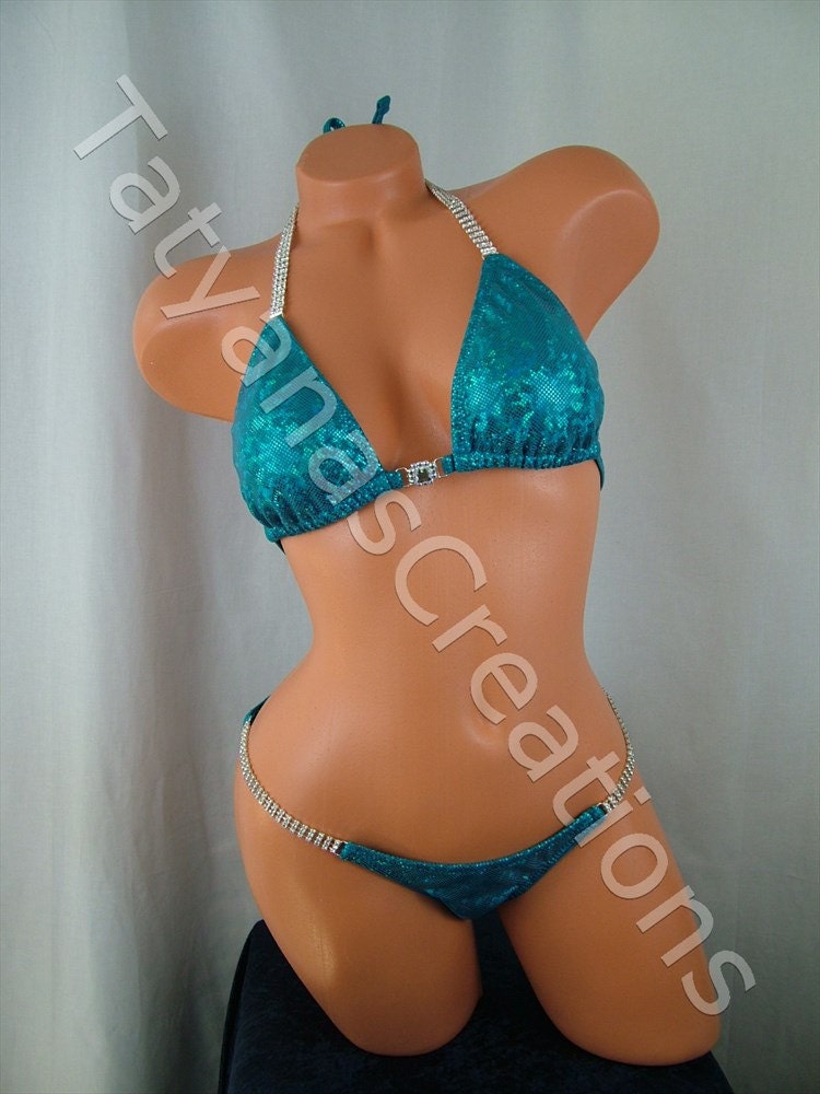 Turquoise Shuttered Glass Hologram Competition Bikini Suit C- cup, Small bottom
