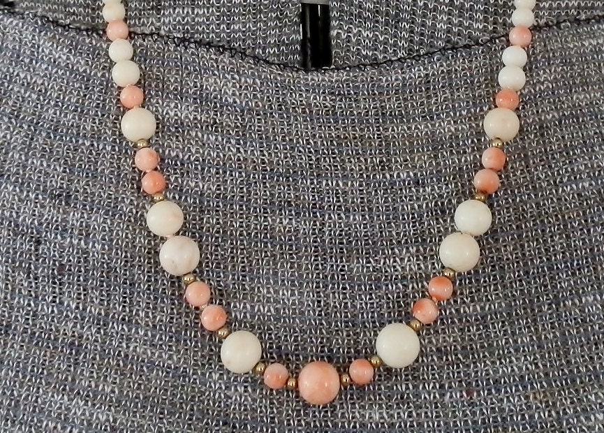 Angel Skin and White Coral Bead Necklace. Estate Piece.