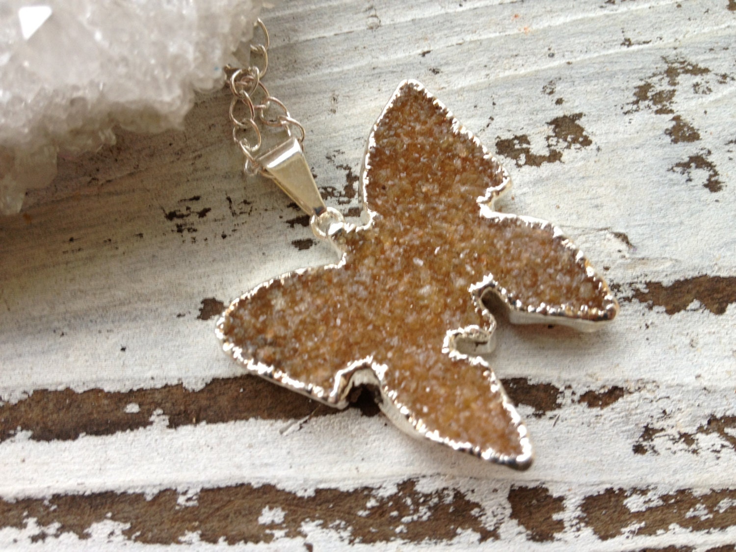 FLIGHT /  RAW Crystal Layering Necklace - Agate Druzy Crystal Quartz Butterfly Gemstone Pendant Sterling Silver Plated, Earth, Summer