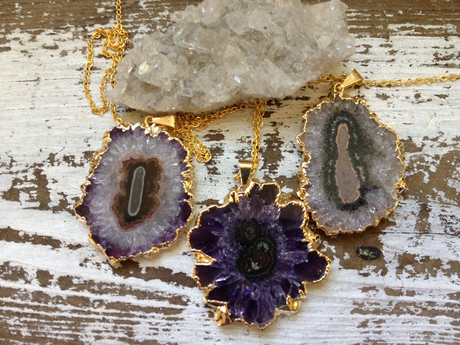 ASTER /  Raw Crystal Layering Necklace - Amethyst Stalactite Druzy Gemstone Pendant Gold Plated Geode, You CHOOSE, Summer, Boho, Natural