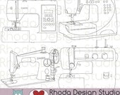 Sewing Machine Vintage and Modern Digital Clip Art Retro stamps