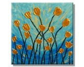 Metallic Gold Flowers. Original Handpainted Acrylic Thick 3d Texture Impasto Palette Knife Painting. Size 12 x 12.