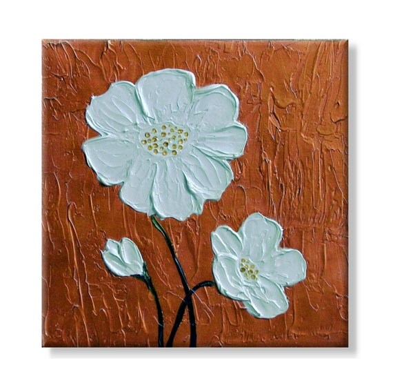 Metallic White Flowers. Original Handpainted Acrylic Thick 3d Texture Impasto Palette Knife Painting. Size 12 x 12.