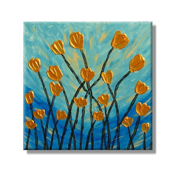 Metallic Gold Flowers. Original Handpainted Acrylic Thick 3d Texture Impasto Palette Knife Painting. Size 12 x 12.