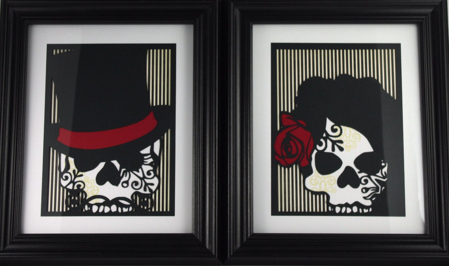 Cut Paper Sugar Skull Day of the Dead Layered Artwork - Set of 2 8x10 - Unframed