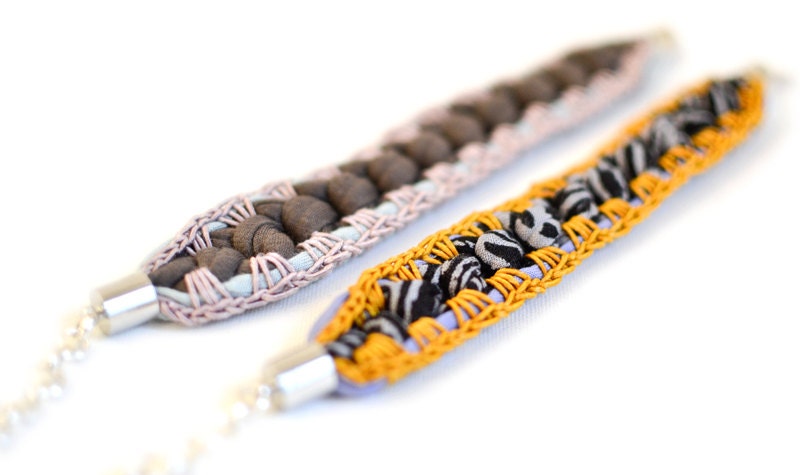 Fabric Bracelet Grey Mauve Blue, Crochet Bracelet