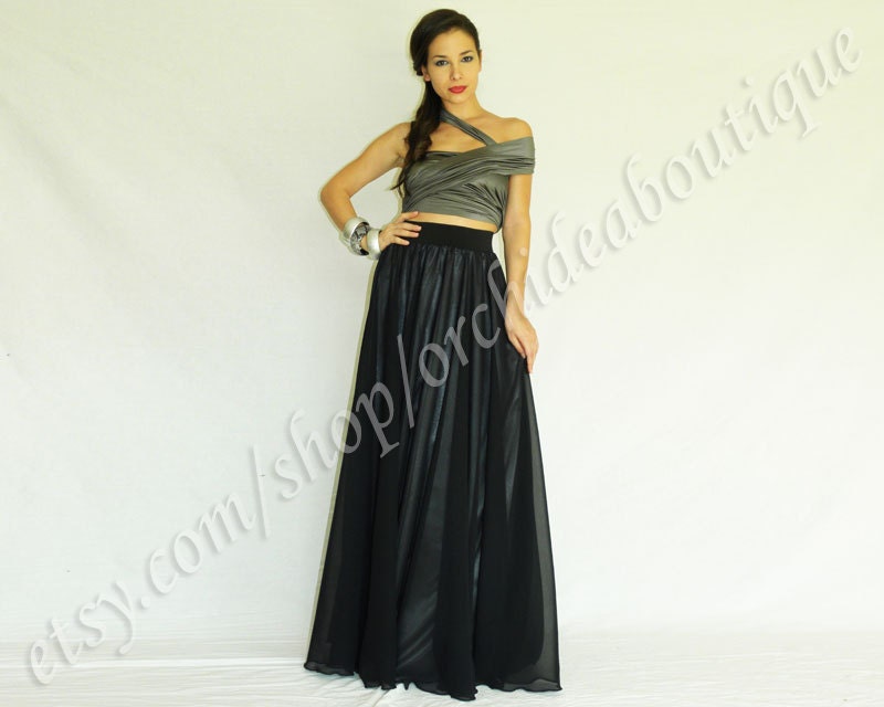 Maxi skirt black chiffon with silver satin lining