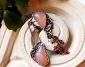 Asymetrical Silver Orchid Crystalline Earrings with Garnets, Pearls Czech Beads