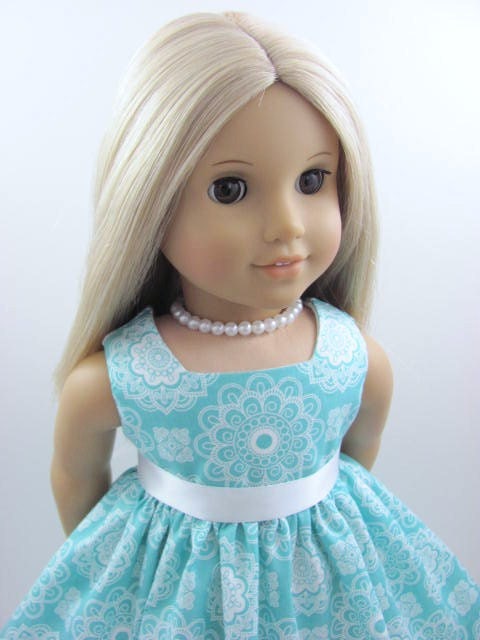 Aqua Blue and White Dot  Doll Dress and Sash for the American Girl Doll