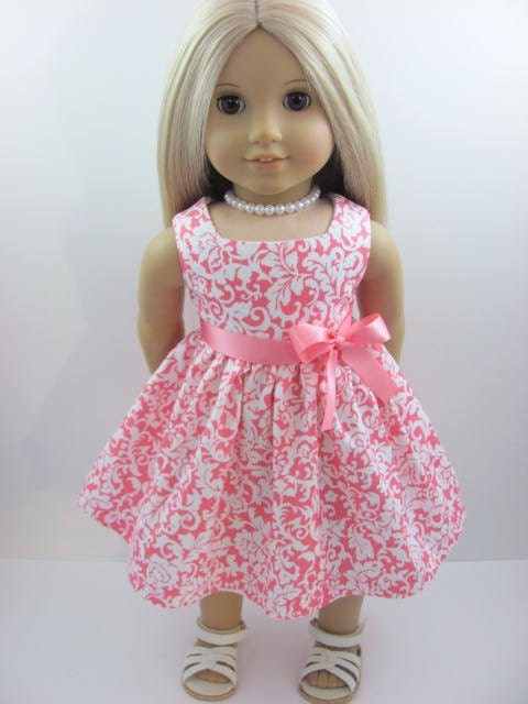 Coral Pink Damask  Doll Dress and Sash for the American Girl Doll