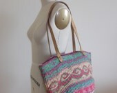 70s Tote Bag Sisal Leather Long Shoulder Straps / / / Market Bag Straw Jute / / / Vintage
