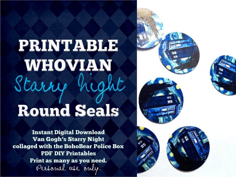 Instant Download, Starry Night Printable Sticker Seals, DIY Doctor Who Inspired , Digital PDF, Multi Size