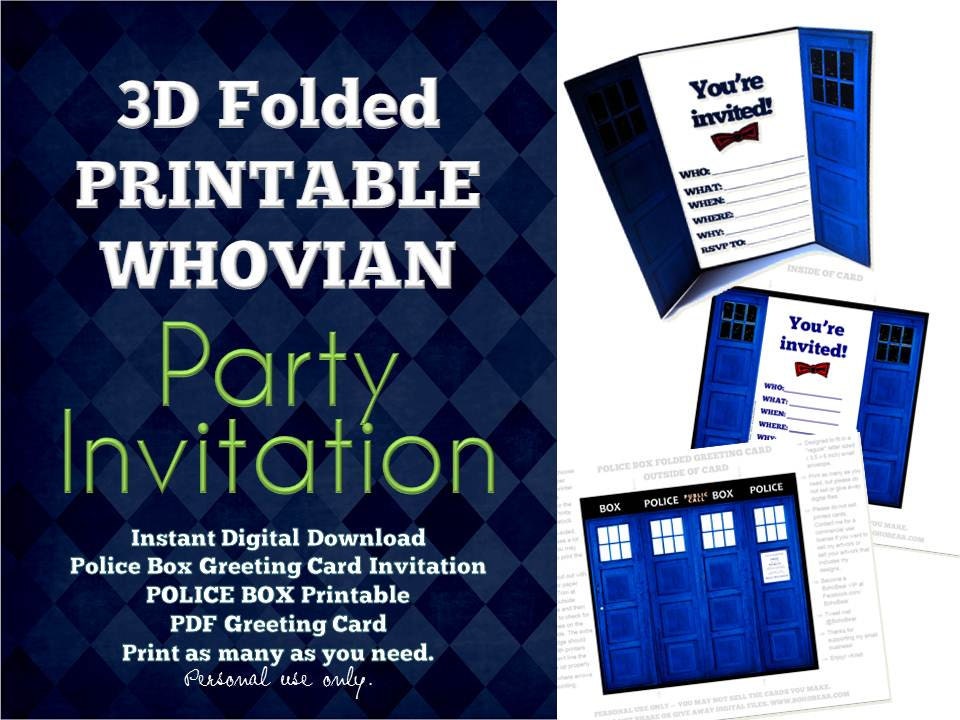 3D Blue Police Box Invitation Card, PRINTABLE VERSION, Instant Digital Download