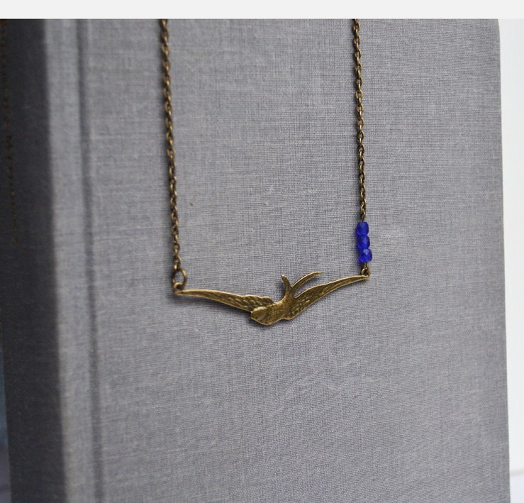 Flying Swallow Bird Necklace, Cobalt Blue Czech Beads, Free Flying Swallow Sparrow Bird Necklace, Bird Jewelry Canadian Shop