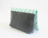 Fold Over Zipper Pouch Waxed Canvas and Mint Print - Clutch zipper pouch