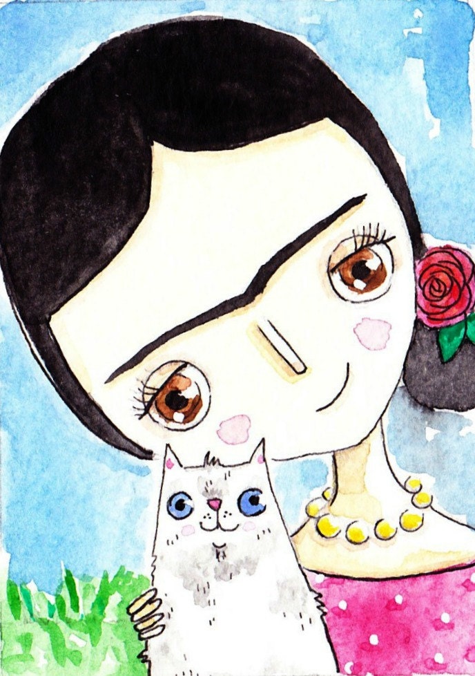 Frida Kahlo Original Painting Frida and Cat Love