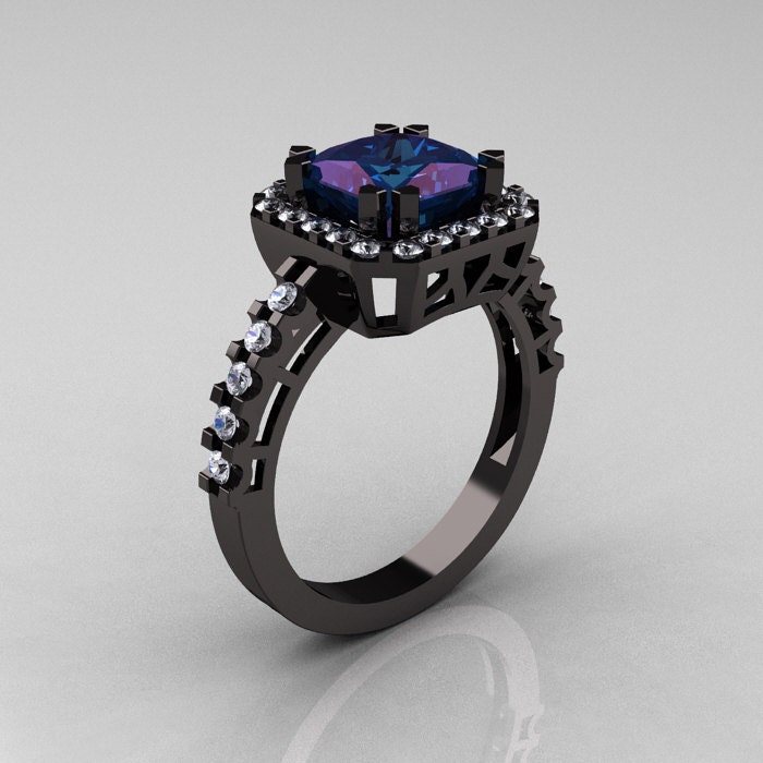 Modern Art-Deco 14K Black Gold 2.0 Carat Princess Alexandrite Diamond Solitaire Wedding Ring R223-14KBGDAL