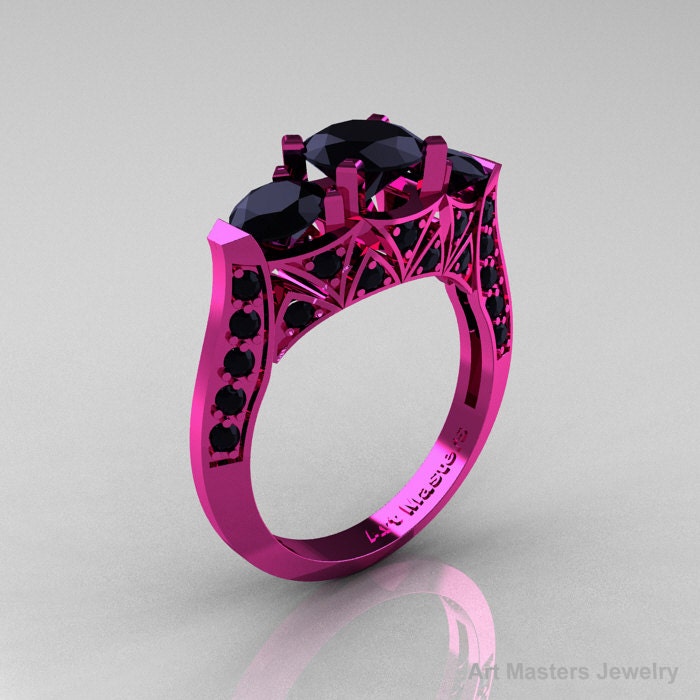 Modern 14K Pink Gold Three Stone Black Diamond Solitaire Engagement Ring, Wedding Ring R250-14KPGBD