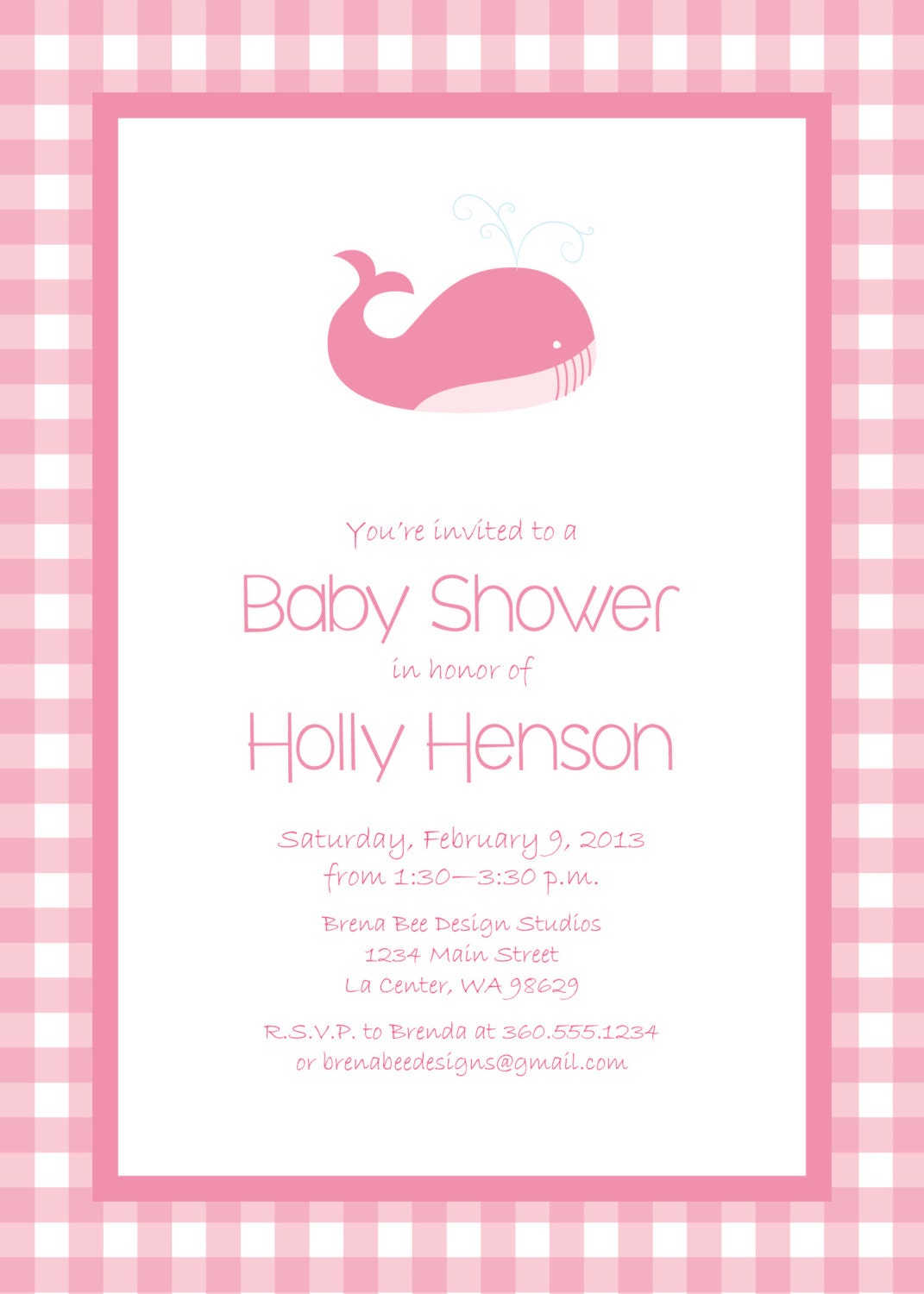 Personalized Blue, Pink OR Green Gingham Whale Invitation - Baby Shower or Birthday Printable Digital Invitation