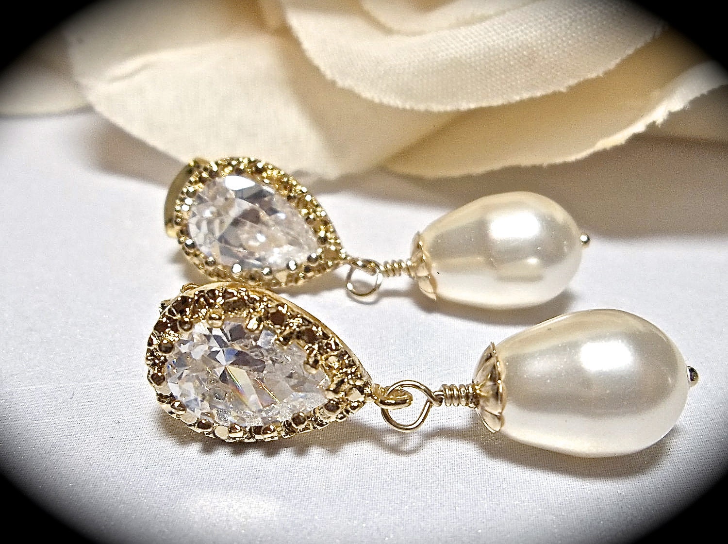 Pearl Earrings - Ivory/Cream Pearls- 14k Gold over Sterling silver Cubic Zirconia Posts - Bridal Jewelry - Classic - Bridesmaids - gift -