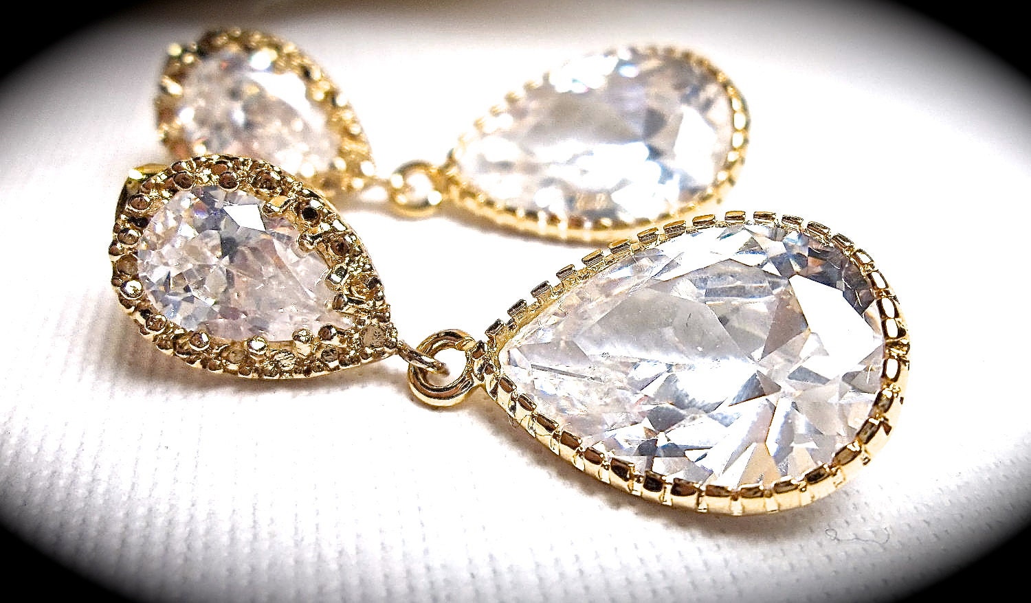 Bridal jewelry - Gold Earrings - Large - cubic zirconia teardrops - Gold over sterling posts - High quality Jewelry -