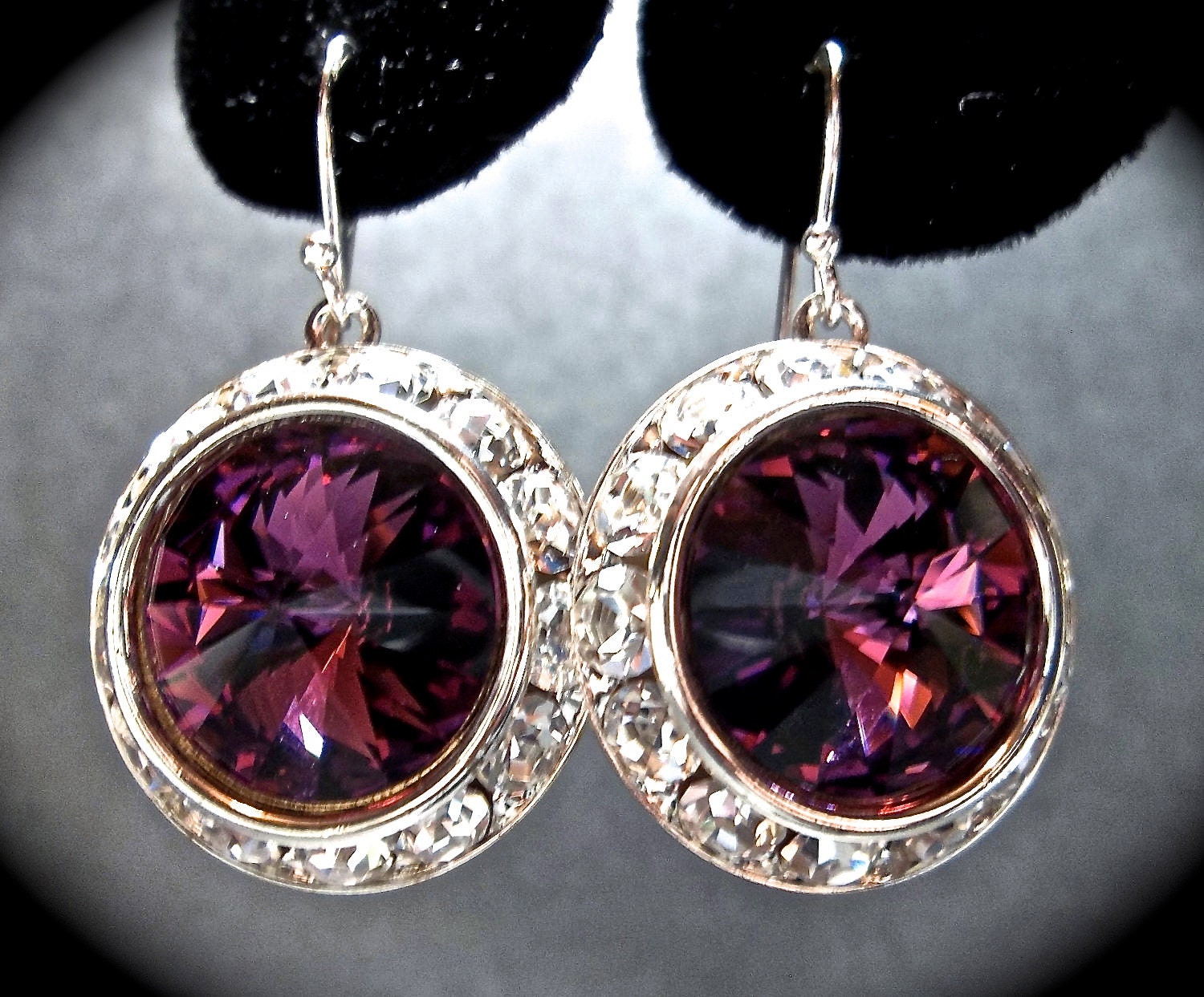 Amethyst earrings - Crystal earrings - Rivoli - Sterling Silver - February Birthday- Stunning - Bridal Jewelry -