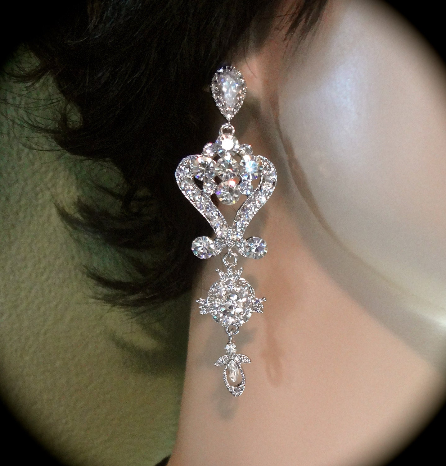 Rhinestone earrings - Long - Chandelier - Brides earrings - Statement earrings - Sterling silver posts - Pageant - Bridal jewelry -