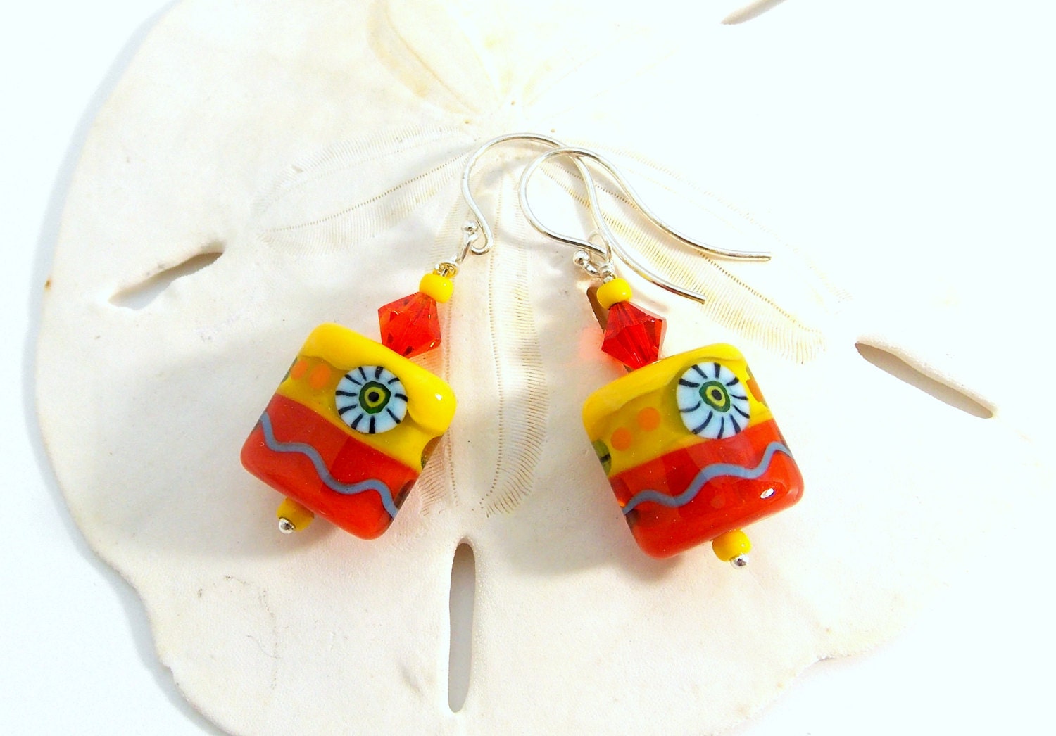 Glass Earrings Lampwork Beads SRA Yellow Orange Summer Trends