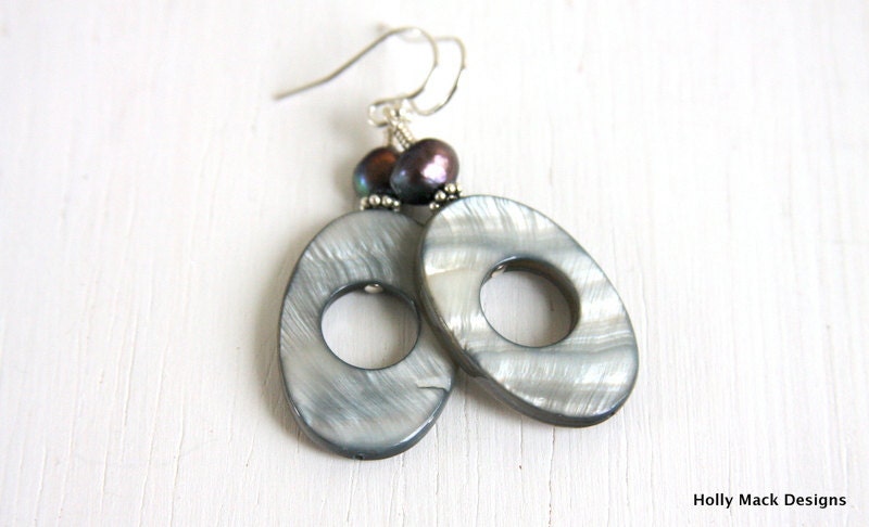 Mother of Pearl shell earrings, sterling silver spacers, peacock colored freshwater pearl, sterling silver ear wires, summer earrings
